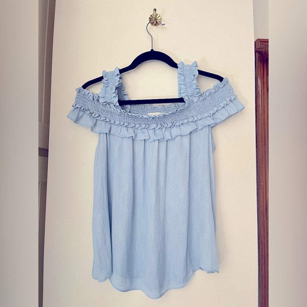 Anthropologie silky on-off shoulder baby blue top - NWT
